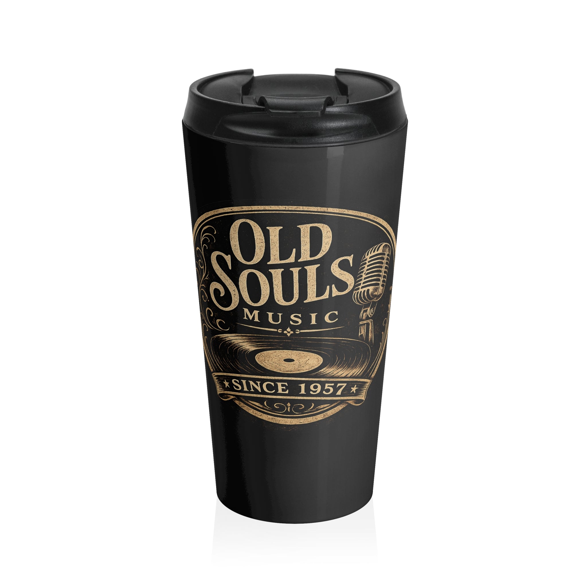 Old Souls Music Stainless Steel Travel Mug — Vintage Microphone & Vinyl Design (Since 1957)